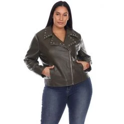 Plus Size White Mark Faux Leather Jacket Grey