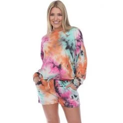 Women's White Mark 2-Piece Tie Dye Top & Shorts Pajama Set Pink