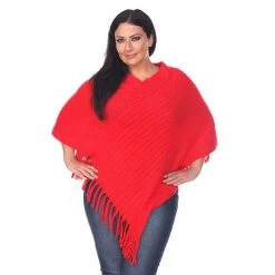 Plus Size White Mark Solid Fringe Poncho Red