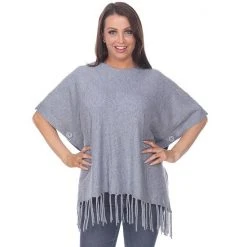Women's White Mark Button Fringe Poncho