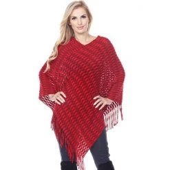 Women's White Mark Fringe Poncho Red