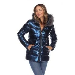 Women's White Mark Metallic Hooded Puffer Coat Black
