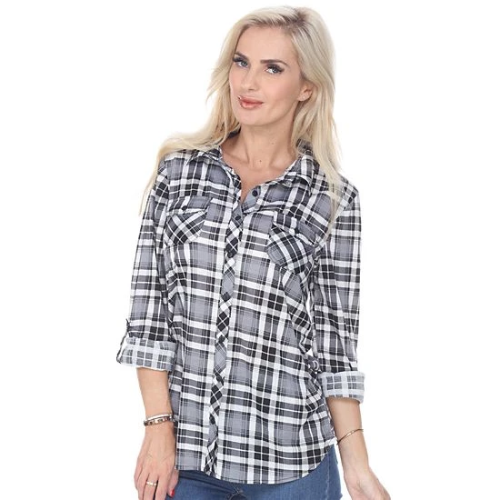 Women's White Mark Oakley Stretchy Plaid Top White Black 4 Women's White Mark Oakley Stretchy Plaid Top White Black - Image 2