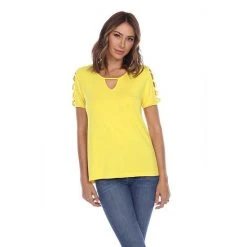 Women's White Mark Keyhole Cutout Short Sleeve Top Yellow