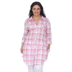 Plus Size White Mark Plaid Flannel Tunic Pink White -White Mark Sales unnamed file 20