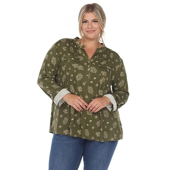 Plus Size White Mark Pleated Leaf Print Blouse Olive 10 Plus Size White Mark Pleated Leaf Print Blouse Olive - Image 8