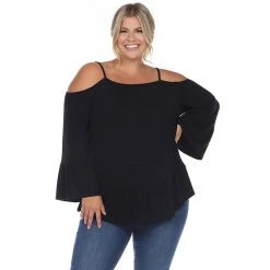 Plus Size White Mark Cold Shoulder Ruffle Sleeve Top Black