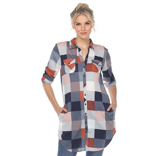 Women's White Mark Plaid Tunic Top Burgundy White 3 Women's White Mark Plaid Tunic Top Burgundy White