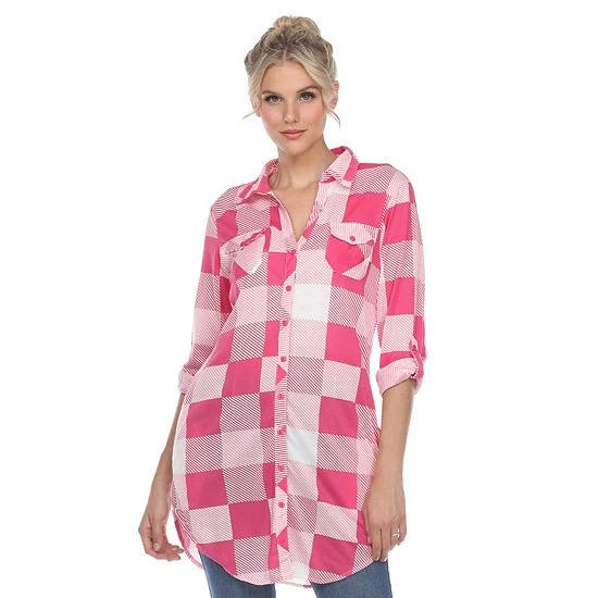 Women's White Mark Plaid Tunic Top Burgundy White 9 Women's White Mark Plaid Tunic Top Burgundy White - Image 7