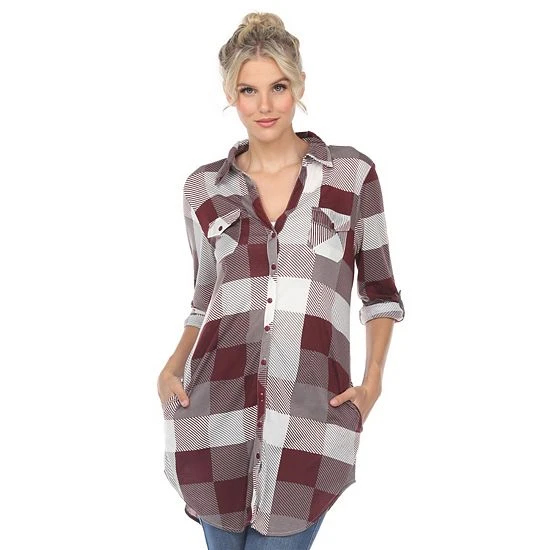 Women's White Mark Plaid Tunic Top Burgundy White 11 Women's White Mark Plaid Tunic Top Burgundy White - Image 9