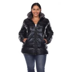 Plus Size White Mark Metallic Puffer Coat With Hoodie Black