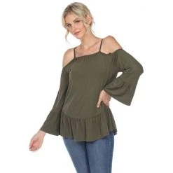 Women's White Mark Cold Shoulder Ruffle Sleeve Top Green -White Mark Sales unnamed file 367