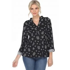 Women's White Mark Pleated Long Sleeve Leaf Print Blouse Black
