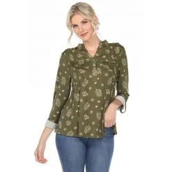 Women's White Mark Pleated Long Sleeve Leaf Print Blouse Black -White Mark Sales unnamed file 528