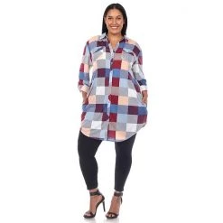 Plus Size White Mark Plaid Tunic Shirt Blue