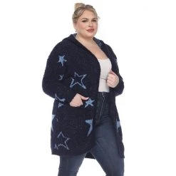Plus Size White Mark Hooded Open-Front Star Sherpa Cardigan Navy Light Blue Stars -White Mark Sales unnamed file 681