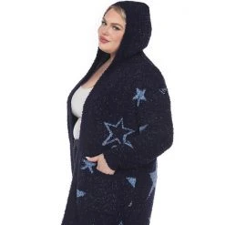 Plus Size White Mark Hooded Open-Front Star Sherpa Cardigan Navy Light Blue Stars -White Mark Sales unnamed file 682