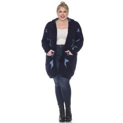 Plus Size White Mark Hooded Open-Front Star Sherpa Cardigan Navy Light Blue Stars -White Mark Sales unnamed file 683