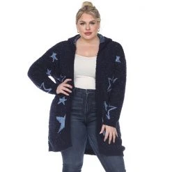 Plus Size White Mark Hooded Open-Front Star Sherpa Cardigan Navy Light Blue Stars -White Mark Sales unnamed file 685