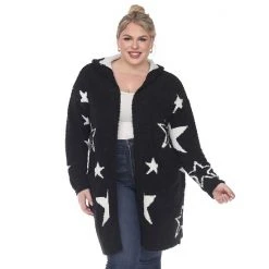 Plus Size White Mark Hooded Open-Front Star Sherpa Cardigan Navy Light Blue Stars -White Mark Sales unnamed file 686