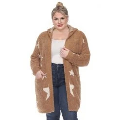 Plus Size White Mark Hooded Open-Front Star Sherpa Cardigan Navy Light Blue Stars -White Mark Sales unnamed file 687