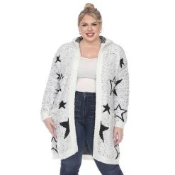 Plus Size White Mark Hooded Open-Front Star Sherpa Cardigan Navy Light Blue Stars -White Mark Sales unnamed file 688
