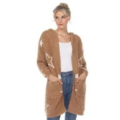 Women's White Mark Star Print Hooded Cardigan Camel White Stars -White Mark Sales unnamed file 712