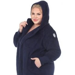 Plus Size White Mark Plush Hooded Cardigan Navy -White Mark Sales unnamed file 756
