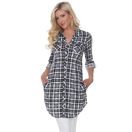 Women's White Mark Plaid Tunic Top White Black 17 Women's White Mark Plaid Tunic Top White Black - Image 15